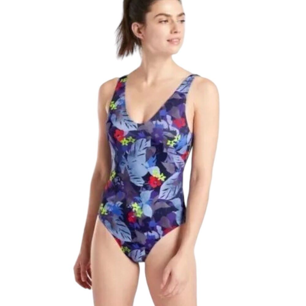 ATHLETA Women XS Purple Twilight Tropic V Neck one piece Yacht Swimsuit